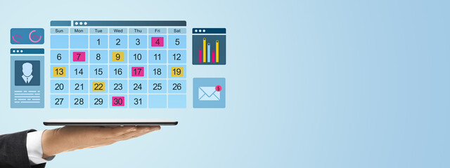 Poster - Businessperson holding tablet with calendar interface.