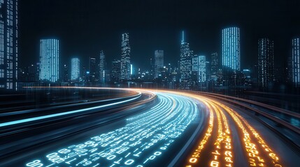 Poster - Mesmerizing futuristic city skyline at night with illuminated highways traffic flow and towering skyscrapers creating a captivating urban landscape