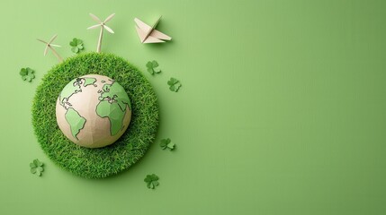 Poster - a minimalist and eco friendly conceptual artwork featuring a grass covered globe with wind turbines 