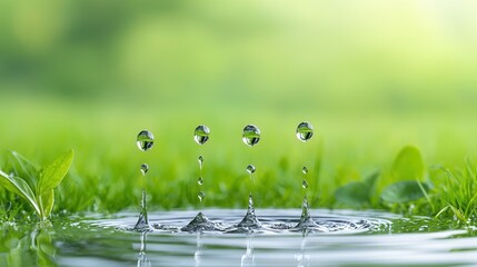 Poster - Serene and scientifically shot of natural water droplets on fresh green leaves showcasing the beauty elegance and purity of nature s intricate details