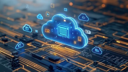Poster - Futuristic holographic cloud computing and data network concept with digital technology and connectivity  Illustrative image showcasing the future of cloud storage information systems