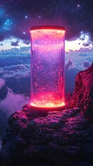 Poster - neon speaker projecting glowing sound waves shaping the starry night sky