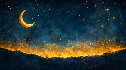 Wall Mural - Celestial Night Landscape with Crescent Moon and Golden Starry Sky