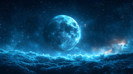 Wall Mural - Celestial Night Sky with Glowing Blue Moon and Stars