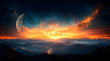 Wall Mural - celestial sunset landscape with starry night sky and crescent moon