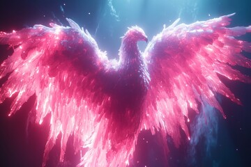 Poster - Stunning pink phoenix with radiant wings soaring through a mystical environment filled with vibrant light