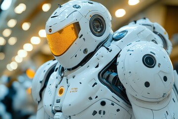 Poster - Advanced robot suit displayed at a technology expo in an urban setting showcasing futuristic design and capabilities