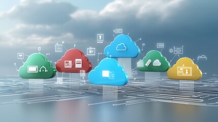 Poster - Visually striking 3D rendered showcasing a vibrant ecosystem of cloud computing digital technology and various interconnected services platforms and applications