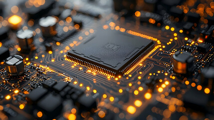 Poster - Close Up of Glowing Circuit Board with Microchip