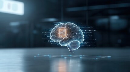 Poster - Futuristic digital cognition concept showcasing a visualized human brain with a glowing matrix like interface representing advanced intelligence data analytics and cognitive processing