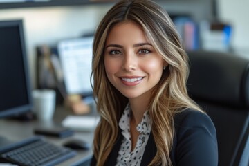 Poster - Professional woman with long hair smiles confidently in a modern office setting during the day