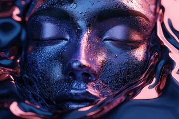 Poster - Unique artistic representation of a serene face submerged in iridescent liquid under dramatic lighting