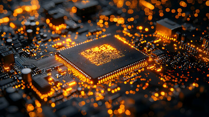 Poster - Closeup of Glowing Orange Circuit Board with Central Microprocessor