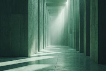 Poster - Sunlight filters through a modern stone corridor lined with tall columns in a serene, minimalist space