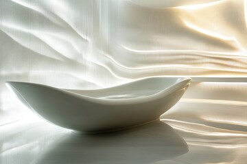 Poster - Elegant porcelain bowl illuminated by soft light against flowing fabric backdrop