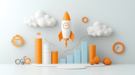 Poster - Stylized and abstract visual representation of financial success growth and achievement  Includes symbolic elements like rocket graphs and geometric shapes to convey concepts of strategy progress