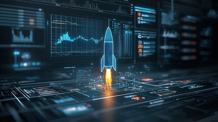 Poster - Cutting edge futuristic rocket launch concept with holographic data visualization and technical user interface  Digital showcasing the future of space technology innovation and data driven analytics