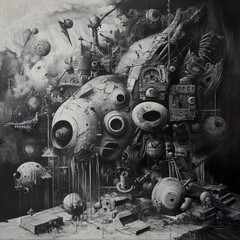 Canvas Print - monochrome machinery: a surreal industrial landscape