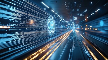 Poster - A futuristic cyber inspired digital landscape glowing with neon lights illuminated data streams and dynamic transportation networks  This surreal