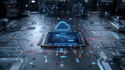 Poster - Cybernetic and Big Data Processing Concept with Futuristic Digital Technology Display  Advanced cloud learning and data analytics visualized through a holographic interface