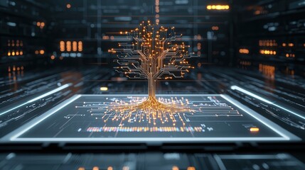 Poster - cybernetic growth concept with futuristic digital tree structure abstract 3d of a glowing interconne