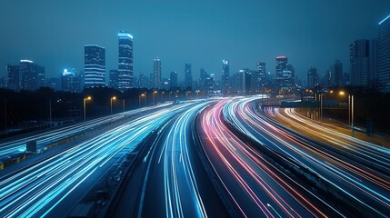 Poster - Futuristic city skyline at night with blurred motion lights and high speed traffic on the highway creating a dynamic and technological urban landscape