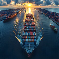 Poster - Panoramic View of a Massive Global Shipping with Containers in Harmony Across Ships Planes and Trucks