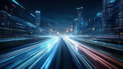 Poster - Futuristic Urban Landscape with Blurred Night City Lights and Speeding Traffic  High speed transportation and advanced infrastructure in a modern digitally enhanced metropolitan environment