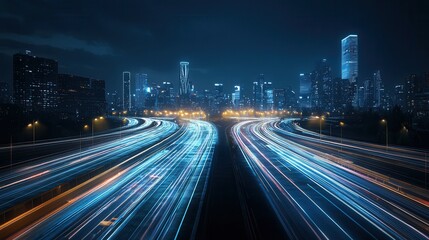 Poster - urban landscape at night with advanced transportation systems futuristic cityscape skyscrapers and a dynamic flow of traffic and light