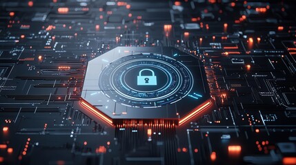 Poster - Cyberpunk inspired digital artwork showcasing futuristic data protection and security concepts including a central lock icon glowing neon elements and a dark high tech backdrop