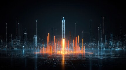 Poster - Radiant Cyberpunk Inspired Digital Depicting a Futuristic Cityscape with Glowing Skyscrapers  Luminous Lights  and a Dynamic  Geometric Pattern against a Dark