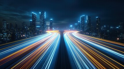 Poster - A hypnotic and visually striking cyberpunk inspired scene showcasing a futuristic highway at night with blurred motion trails of high speed traffic and luminous