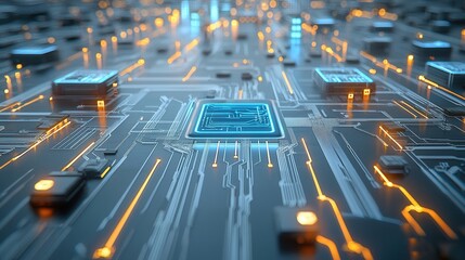 Poster - futuristic cyberpunk inspired city landscape with glowing illuminating digital architecture neon lig