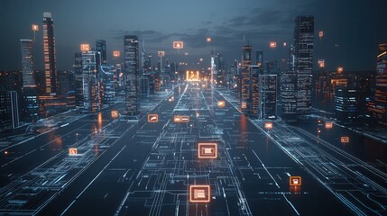 Poster - Futuristic cyberpunk inspired cityscape at night showcasing a smart city with glowing high rise buildings interconnected transportation networks and a vibrant digital infrastructure