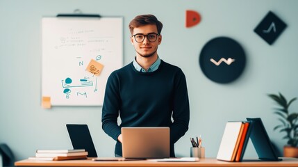 Poster - Young man is standing in front of a whiteboard with a smile on his face. He is wearing a blue shirt and glasses. The room is decorated with various items, including a clock, a potted plant