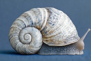 Poster - Beautiful close-up of a spiraled snail shell resting on a smooth surface against a plain backdrop