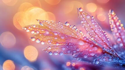 Poster - Bright autumn leaves adorned with glistening droplets create a stunning display in early morning light, while a dreamy backdrop of soft hues adds depth to the natural beauty