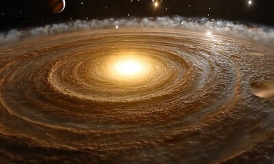 Wall Mural - Massive glowing galaxy with a luminous golden core, surrounded by swirling cosmic dust and millions of stars in deep space.