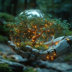 Poster - Enchanting scene of a luminous mystical orb gently cradled by robotic hands against a backdrop of lush tranquil nature  The sphere emits a captivating otherworldly glow