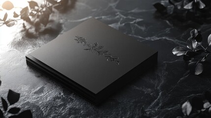 Poster - A black photo album sits on a glossy surface, surrounded by delicate dark foliage, softly lit to create a mysterious, sophisticated vibe, inviting exploration of treasured memories