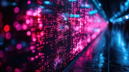 Poster - vibrant digital wall displaying colorful data patterns in a futuristic urban setting at night