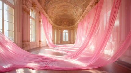 Poster - Soft pink drapes billow gently in a beautifully ornate room adorned with golden details. Sunlight filters through large windows, creating a serene atmosphere filled with elegance