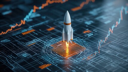 Poster - Digital Era Financial Concept Featuring Rocket Launch and Financial Data Visualization