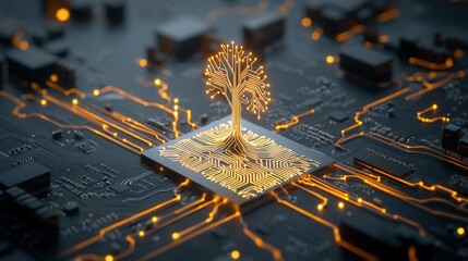Poster - glowing digital nature fusion depicted as a captivating golden circuit board artwork blending organi