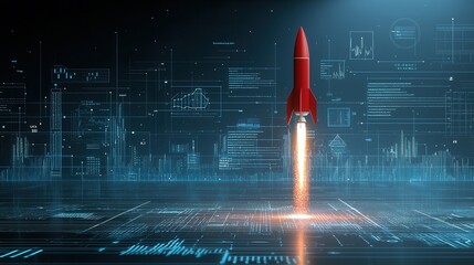 Poster - Futuristic digital transformation and innovation themed depicting a powerful rocket launch symbolizing the transformative potential of cutting edge technology data driven strategy