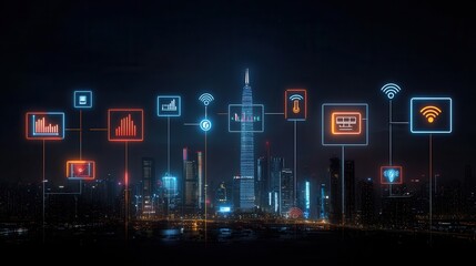 Poster - Digitally Connected Smart City Skyline at Futuristic Night with Illuminated Skyscrapers Wireless Networks and Data Visualization Symbolizing Innovation Progress and Economic Growth