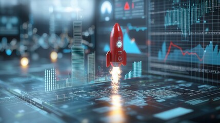 Poster - Digital Transformation and Innovation Themed Futuristic with Rocket Launch Symbolizing Business Growth Success and Breakthrough  Depicting the power of technology data