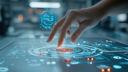 Poster - Dramatic shot of fast moving fingers pressing an illuminated futuristic digital interface with a high tech holographic display and controls showcasing innovation in technology and user interaction