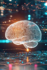 Poster - brain-shaped circuit board with glowing connections symbolizing innovation and technology.