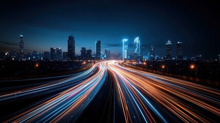 Poster - Electrifying futuristic city skyline at night with high speed traffic trails and glowing skyscrapers  Vibrant urban landscape filled with energy connectivity and technological progress